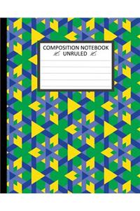 Unruled Composition Notebook 8 x 10. Yellow Triangles on Blue and Green Pattern.