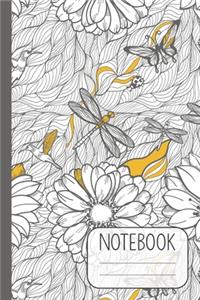 Notebook with Grey Flowers and Dragonfly Design