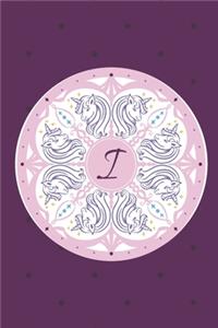 I: Initial I Monogram Notebook Journal Gift Circular Unicorn design