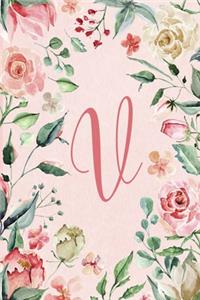 Notebook 6"x9" - Initial V - Pink Green Floral Design: College ruled notebook with initials/monogram - alphabet series.