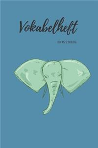 Vokabelheft DIN A5: 2 Spalten liniert Schulheft mit gruenem Elefanten auf petrol in DIN A5 Format mit 70 Seiten fuer Vokabeln und Fremdsprachen ( Englisch, Franzoesisch