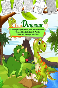 Fun Dinosaur Coloring Pages, mazes, spot the differences, connect the dots, search words - Great Gift for Boys and Girls