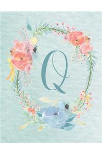 Notebook 8.5"x11" - Letter Q - Light Blue and Pink Floral Design