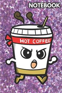 Notebook: Cute Angry Coffee Cup on Pink and Purple Glitter Stars Effect Background, Lined Paper Note Book for Girls, for Drawing, Sketching & Crayon Coloring 