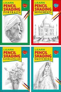 Manoj Publications Set Of 4 Pencil Shading Books (Learn Pencil Shading Portraits, Monuments, Nature And Still Life, Sketching)