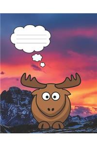 Funny Cartoon Moose on Sunset Mountain Top Cover Blank Composition Wide-ruled line School Notebook