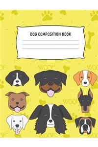 Dog Composition Book: Dog Faces Yellow Journal to Write In: Wide Ruled, Notebook, Writing, Diary, Practice, Organizer: Adults, Kids, University, High, Middle, School, Not