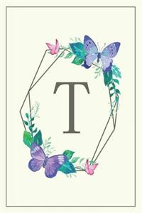 T: Elegant Monogram Initial Blank Lined Journal Notebook for Women and Girls (Butterfly Frame)