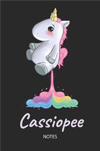 Cassiopee - Notes: Noms Personnalisé Carnet de notes / Journal pour les filles et les femmes. Kawaii Licorne pétant arc-en-ciel. Accessoires de licorne amusants et fou