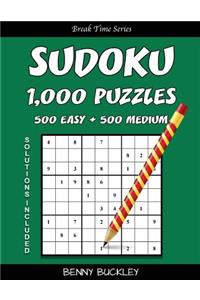 Sudoku Puzzle Book, 1,000 Puzzles, 500 Easy and 500 Medium, Solutions Included