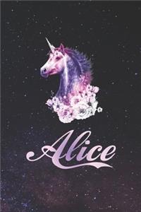 Alice: First Name Personalized Unicorn Customized Names Gift Birthday Girl Notebook Journal