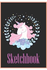 Sketchbook: Cute Unicorn On Pink Glitter Effect Background, Large Blank Sketchbook For Girls: Large Blank Sketchbook For Girls, 120 Pages, 7" x 10", For Drawing