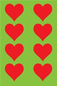 100 Page Unlined Notebook - Red Hearts on Lawn Green