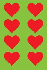 100 Page Unlined Notebook - Red Hearts on Lawn Green