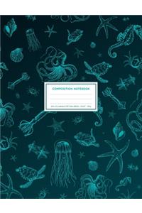 Sea Life Animals Pattern Green: Ocean Notebook College Ruled With Octopus, Sea Horse, Sea Turtle, Squid And Jellyfish 8.5x11" LARGE 100 Lined Pages