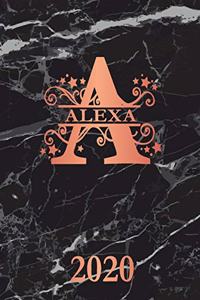 Alexa: 2020. Personalized Name Weekly Planner 2020. Monogram Letter A Notebook Planner. Black Marble & Rose Gold Cover. Datebook Calendar Schedule