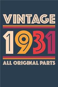 Vintage 1931 Notebook 'All Original Parts' - 88 Years Old Birthday Planner - Retro Journal for Women and Men - 88th Birthday Gift