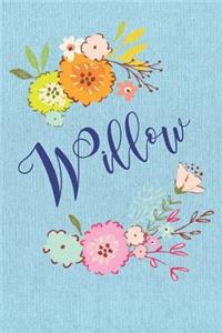 Willow: Personalized Name and Floral Design on Blue Teal Pattern, Lined Paper Note Book For Girls To Draw, Sketch & Crayon or Color (Kids Teens and Adult Jo