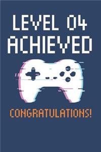 Level 4 Achieved Notebook, Gamers 4th Birthday Blank Lined Journal