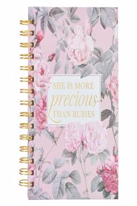 Christian Art Gifts Journal W/Scripture More Precious Than Rubies Proverbs 31:10 Bible Verse Pink Floral, 192 Ruled Pages, Large Hardcover Notebook, Wire Bound