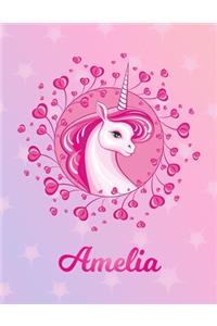 Amelia: Unicorn Large Blank Primary Sketchbook Paper - Pink Purple Magical Horse Personalized Letter A Initial Custom First Name Cover - Drawing Sketch Book