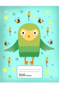 Wide Ruled Composition Notebook: Writing Book Journal, Soft Cover, Blank Lined Paper, 100 Pages, Cute Animal Designs Owl Birds Bees for Kids Green