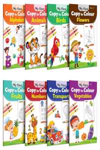 My First Copy to Colour - Alphabet, Animals, Birds, Flowers, Fruits, Numbers, Transport and Vegetables : Early learning colouring book, Book of Copy Colouring For Kids, Fun Colouring Book For Children | Combo of 8 Copy to Colour Books