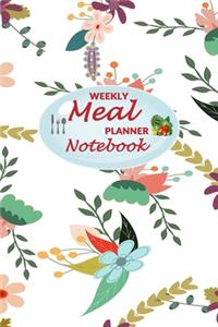 Weekly Meal Planner Notebook: 52 Weeks of Food Menu Planning with Grocery Shopping List, Recipe pages Size 6x9 in - Cartoon Flowers Print