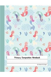 Primary Composition Notebook: Blank Story Journal with Picture Space And Dashed Lines Kindergarten to Early Childhood Exercise Book Teal Mermaid Pattern