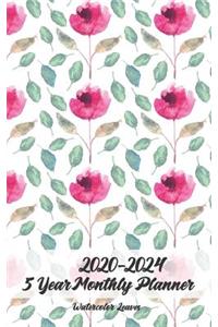 2020-2024 Watercolor Leaves 5 Year Monthly Planner 5x8