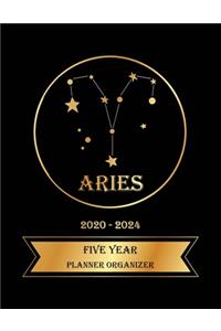 Five Year Planner Organizer: 5 Year Monthly Pocket Planner: 60 month Calendar for Academic Agenda Schedule, Aries Zodiac sign Golden and Black Cover