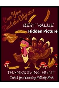BEST VALUE Hidden Picture THANKSGIVING HUNT Seek & Find Coloring Activity Book