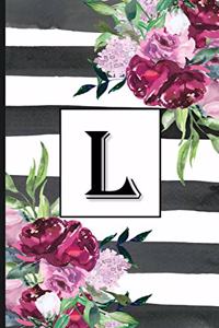 L: Pretty Monogrammed Initial Letter "L" Blank Lined Journal - Black & White Stripes with Floral Design