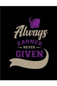 Always Earned Never Given: Football Coach Binder - 2019-2020 Youth Coaching Notebook, Blank Field Pages, Calendar, Game Statistics, Team Roster - Football Coach Gifts