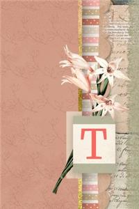 T: Vintage Art Journal Monogram Letter T - Peach Floral Personalized Blank Lined Journal - Gift for Women & Girls