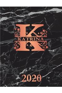 Katrina: 2020. Personalized Name Weekly Planner Diary 2020. Monogram Letter K Notebook Planner. Black Marble & Rose Gold Cover. Datebook Calendar Schedule