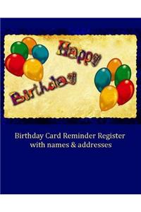Birthday Card Reminder Register with names & addresses