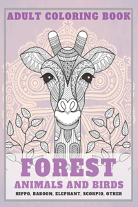 Forest Animals and Birds - Adult Coloring Book - Hippo, Baboon, Elephant, Scorpio, other