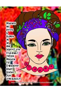 Mädchen mit Borten & Blumen im ihr Haar Inspiriert von Frida Kahlo einfach Malbuch für Erwachsene Kinder Rentner jeder vom Künstler Grace Divine