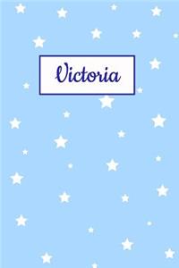 Victoria: Personalized Name Journal. Wide Ruled (Lined) Writing Diary, Composition Book. Baby Blue Stars Cover for Girls, Kids and Teens