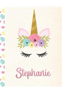 Stephanie: Personalized Unicorn Journal For Girls - 8.5x11 110 Pages Notebook/Diary With Pink Name