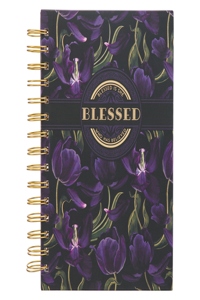 Christian Art Gifts Journal W/Scripture Floral Blessed Luke 1:45 Bible Verse Black Purple 192 Ruled Pages, Large Hardcover Notebook, Wire Bound