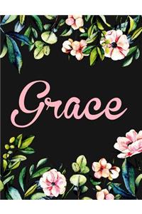 Grace: Large Personalised Grace Notebook for Writing 100 Lined Pages (Black Floral Design)