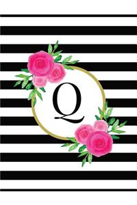 Black and White Striped Pink Floral Monogram Journal with Letter Q