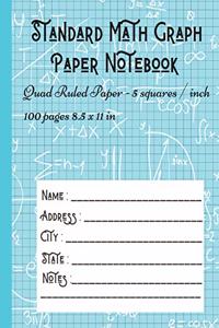 Standard Math Graph Paper Notebook - Quad Ruled Paper - 5 squares / inch