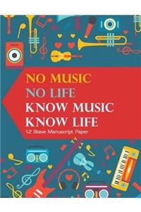 12 Stave Manuscript Paper - No Music No Life Know Music Know Life