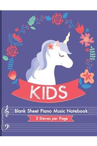 Blank Sheet Piano Music Notebook Kids: Unicorn Blank Sheet Piano Music Manuscript Paper for kids 110 pages of large staff, perfect for practicing note writing