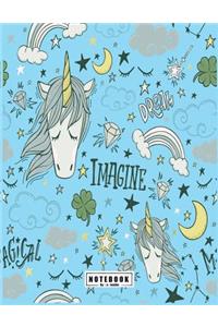 Notebook imagine: Cute unicorn on blue cover and Lined pages, Extra large (8.5 x 11) inches, 110 pages, White paper