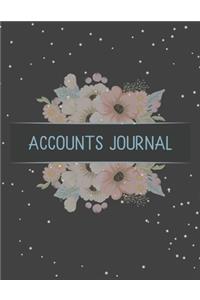 Accounts Journal: Account journal, space for keeping track of cash or check payments, features columns for description, reference, and debit or credit, leaf cover.