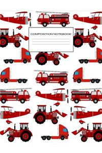 Composition Notebook: Cute Red Truck Pattern Wide Ruled Composition Notebook for Boys, Students, Teachers & Office, Large Lined Journal